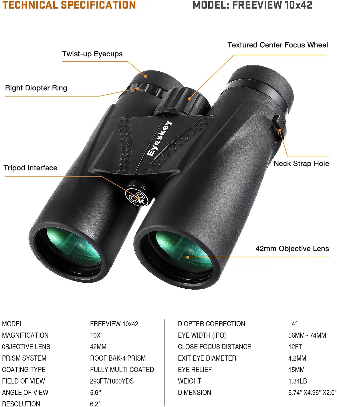 Eyeskey "Classic" HD 10x42 Binoculars